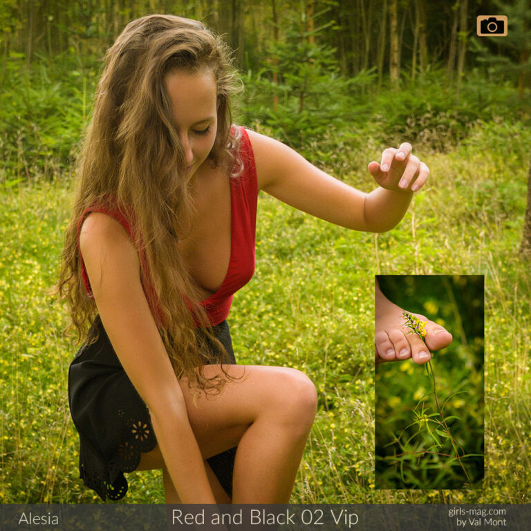 Red and Black 02 Vip Alesia balanciert auf einem Bein im Wald