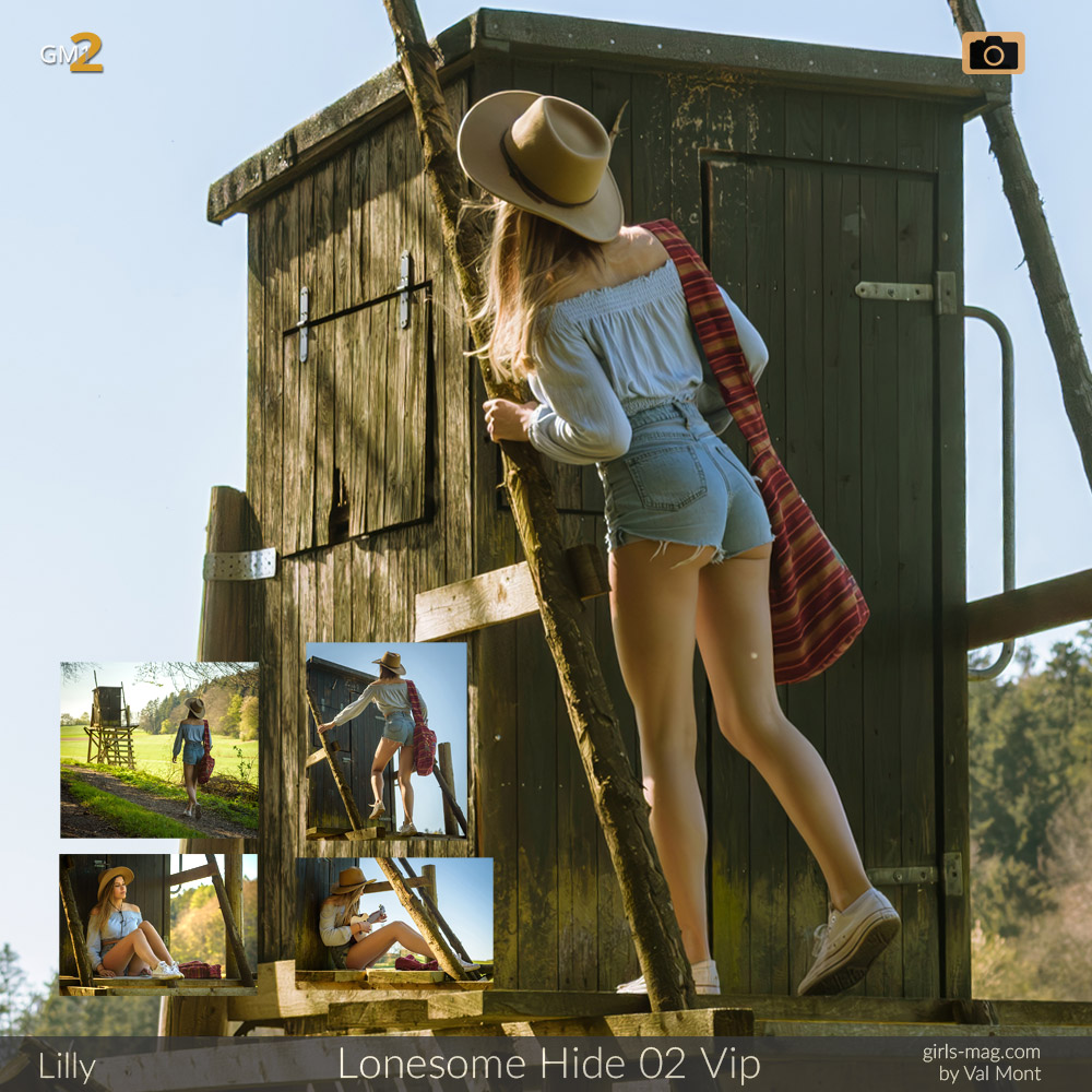 Mädchen in Denim Shorts und Stetson auf einem Hochsitz